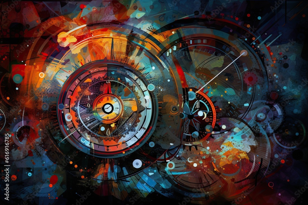 Clock Mechanism In Space. Futuristic Abstract Background. Vibrant 