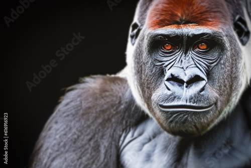 Close-up of an adult gorilla, on a dark background