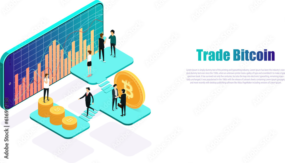 Trade bitcoin online on mobile isometric.Bitcoin Crypto on Mobile isometric.Bitcoin and graph technology.International stock exchange.
