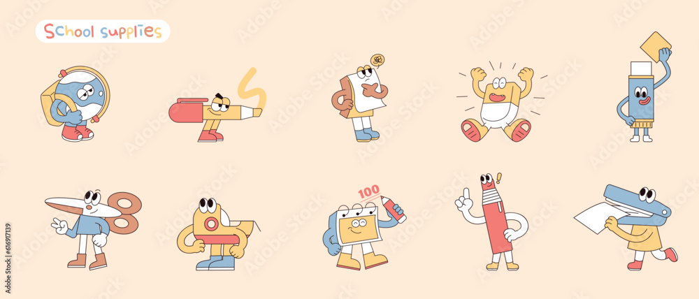 Cute school supplies characters. A collection of various actions.