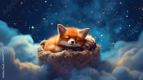 a baby fox cub sleeps on a cloud among the stars. Generative AI © kichigin19