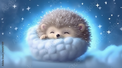 a little hedgehog sleeps on a cloud watercolor. Generative AI