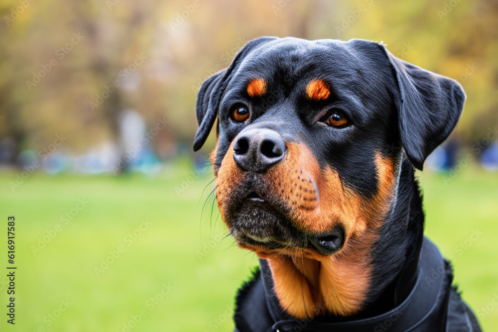 Rottweiler dog, close-up, against the background of a city park