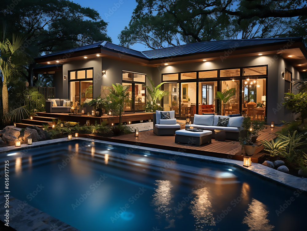 The backyard pool of this home has multiple pools and grills for home plans.