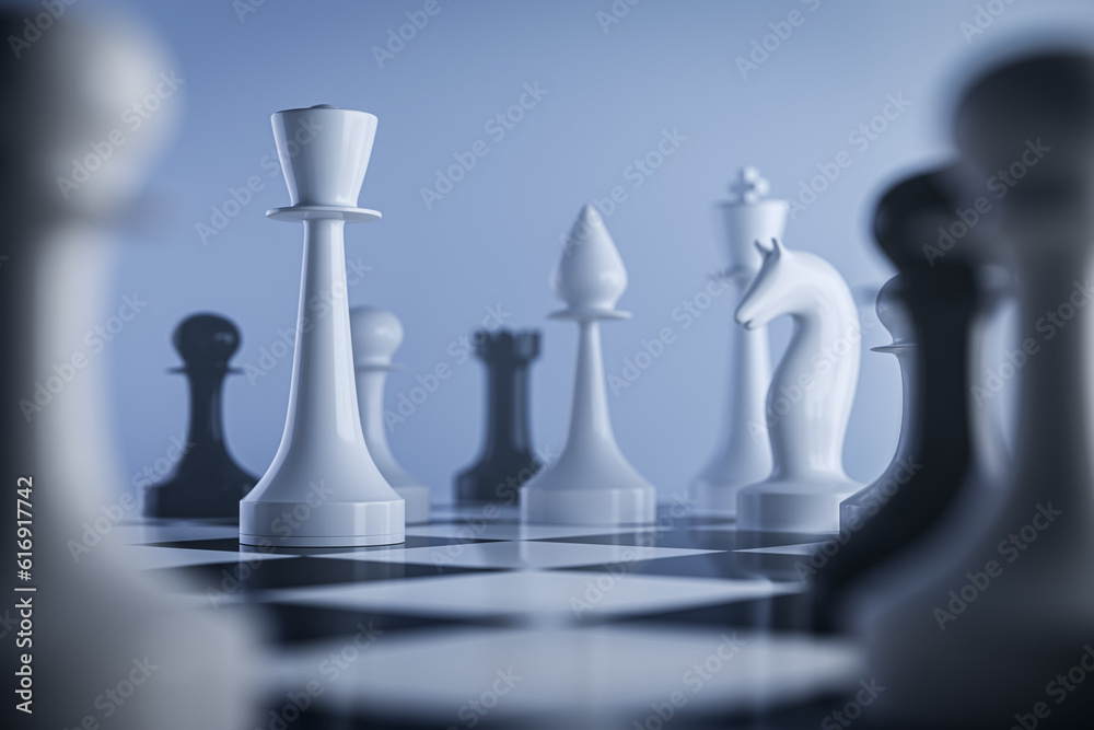 Blurry white chessboard. Success, teamwork and leadership concept. 3D Rendering.