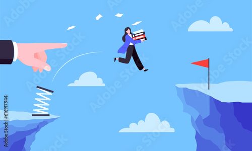 Businesswoman jumps over the abyss across the cliff flat style design vector illustration. Business concept of fearless businesswoman with courage. Risk, goal achievement, work obstacles and success. © Konstantin