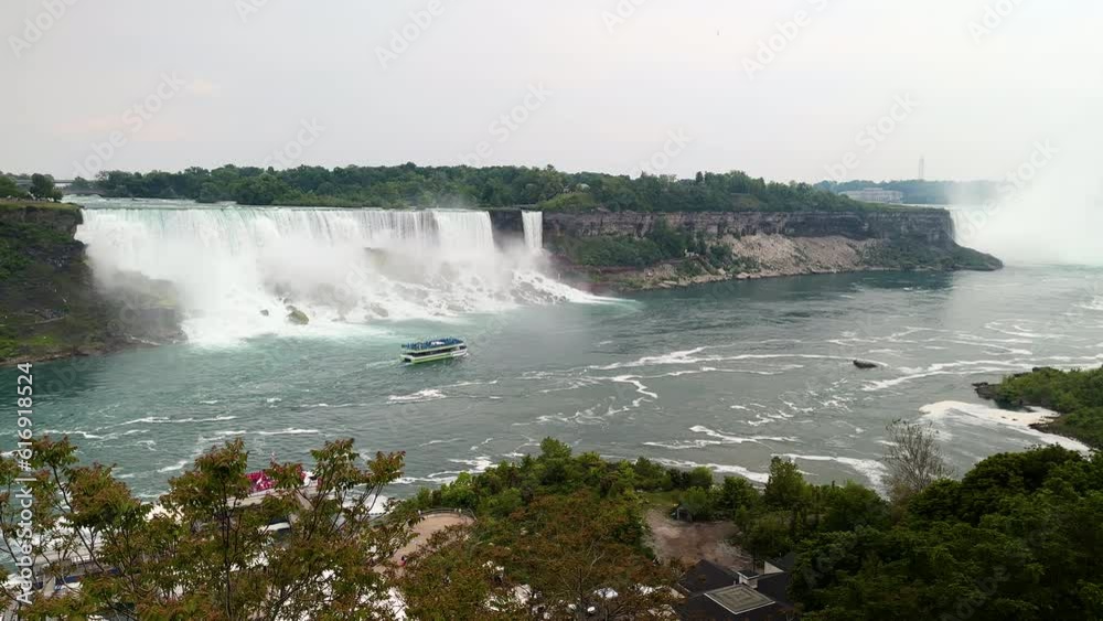 Tourist People Sailing On The Travel Boat Close To The Niagara Falls, Ontario, Canada - wide shot