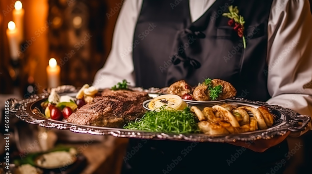 Luxury food service, main course served at a restaurant or formal dinner event in classic English style in the luxurious hotel or country estate, generative ai