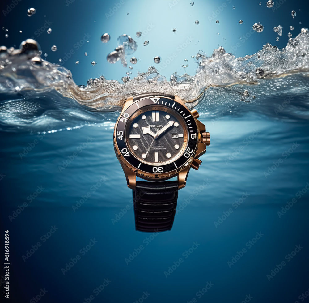 Waterproof luxury mens watch underwater in the ocean or sea commercial concept, bespoke water resistant design, generative ai - obrazy, fototapety, plakaty 