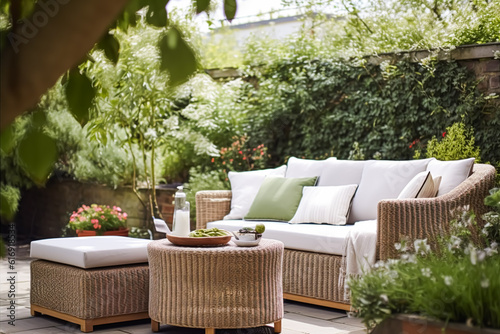 Fotografiet Garden lounge, outdoor furniture and countryside house patio decor with sofa and