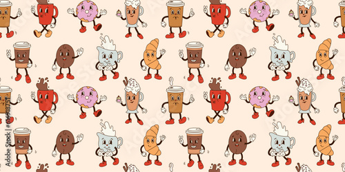 Seamless pattern with groovy coffee characters in old cartoon classic flat style on beige. Mug, coffee to go, donut, cappuccino, croissant, bean. For print, textile, background