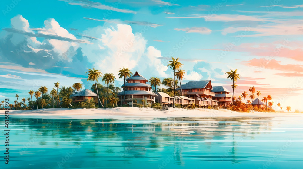 Tropical island Maldives with palm trees and bungalows. Vector illustration.AI Generated