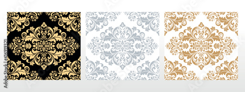 Wallpapers in the style of Baroque. Seamless vector backgrounds. Set of colored floral ornaments. Graphic patterns for fabric, wallpaper, packaging. Ornate Damask flower ornaments