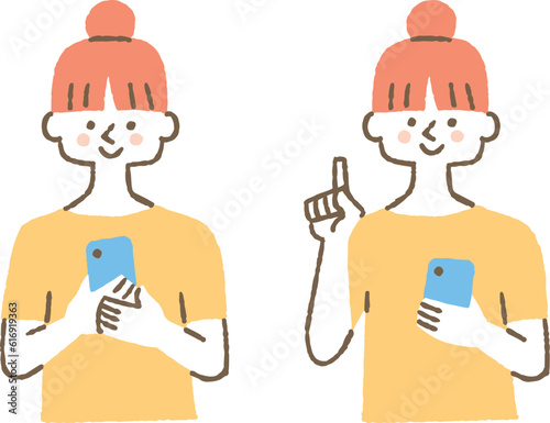 携帯で調べたことを教えている女性_色