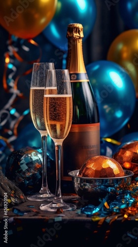  Glasses of champagne near bottle on airballs blue background, party Christmas concept. AI generated