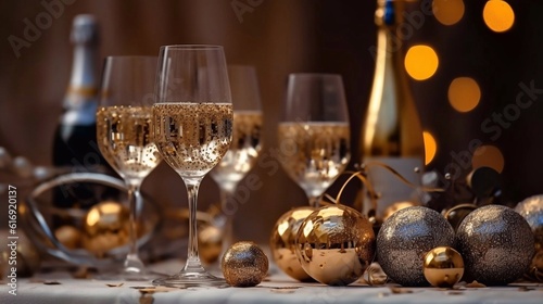  Glasses of champagne near bottle on bright background, party New Year concept. AI generated