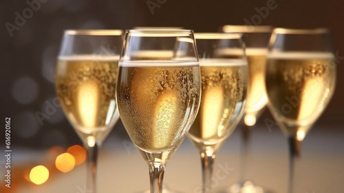  Close up Glasses of champagne on bright background, party wedding concept. AI generated