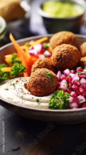 Close up of Fried falafel balls with vegetables and hummus in bowl on dark background. AI generated
