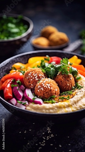 Fried falafel balls with vegetables and hummus in bowl on dark background. AI generated