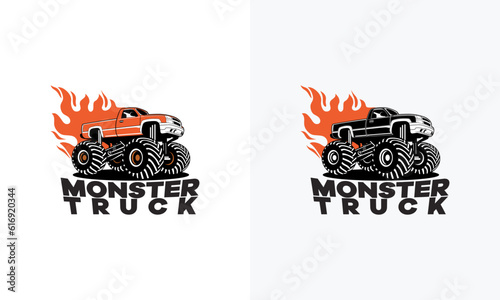 Extreme Monster Truck logo, Extreme Monster Truck with fire flame logo template photo