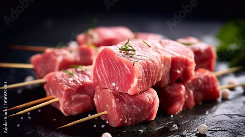 Close up of Fresh raw beef meat skewers for shish kebab on black stone background. Top view. AI generated