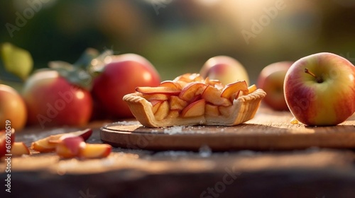 Freshly baked Apple pie on autumn wooden background. Top view. Copy paste. AI generated