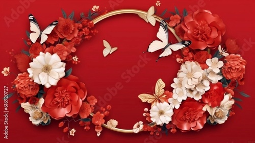 Floral frame border with elegant chinese flowers on red background. AI generated