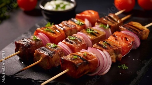  Close up of Fresh grilled meat shish kebab with vegetables and sauce on black slate background.