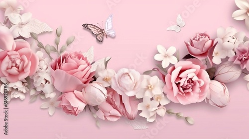 Beautiful  Pink  flowers and butterfly on a pink background.Floral trendy abstract background. AI generated