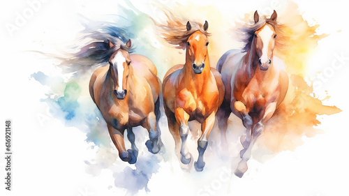 running horses watercolor on a white background dynamics composition art. Generative AI