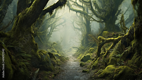 landscape fog in the old forest huge trees covered with moss mystical view. Generative AI