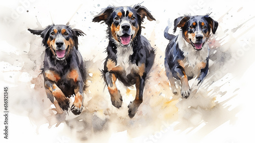 a group of cheerful dogs running on a white watercolor background. Generative AI © kichigin19