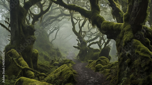 landscape fog in the old forest huge trees covered with moss mystical view. Generative AI © kichigin19