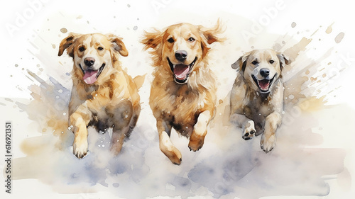 a group of cheerful dogs running on a white watercolor background. Generative AI