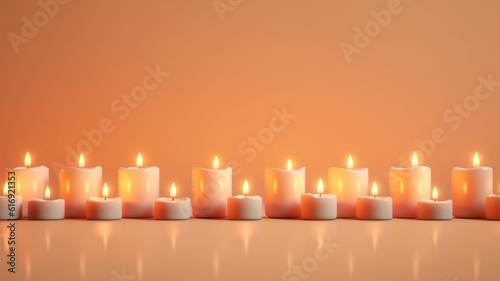a row of burning candles on a warm background festive background  empty copy space. Generative AI