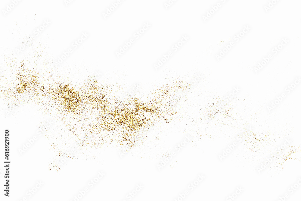 Gold glitter texture on white background. Festive background. Golden explosion of confetti. Design element.