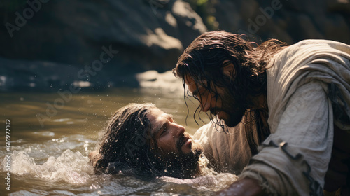 Tablou canvas Portrait of Jesus of Nazareth baptized by John the Baptist in the Jordan river