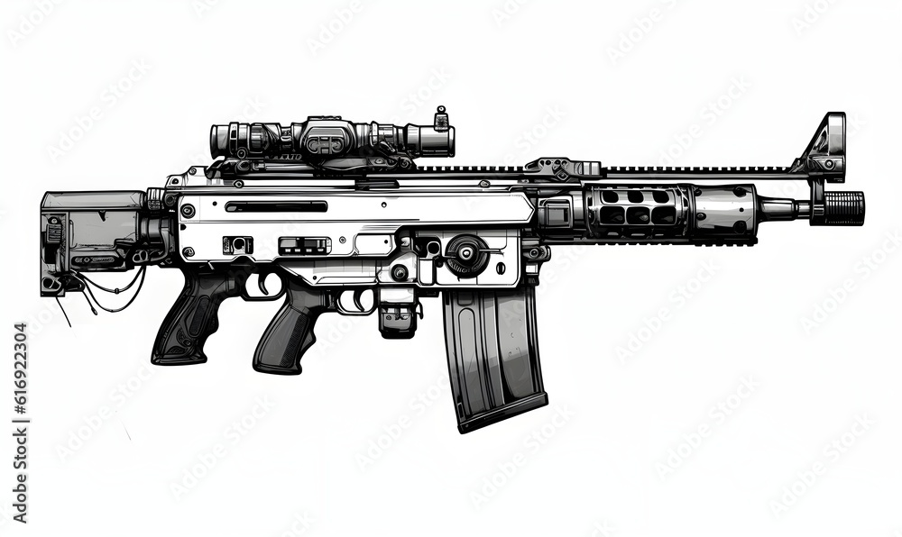 gun, white background, black and white, style in illustration gun, white background, black and white, style in illustration