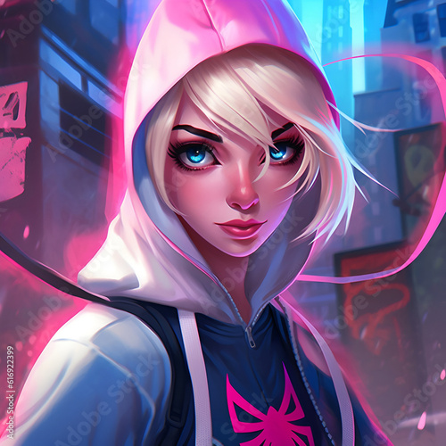 Illustration, AI generation. blonde girl in a pink spider-man costume.