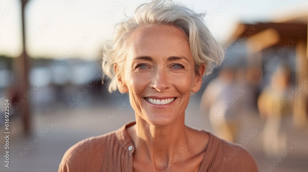 Beautiful happy woman smiling at the camera outdoors. Close-up portrait of a cheerful handsome European woman in the city. Middle aged delighted caucasian woman standing in a city.  AI Generated