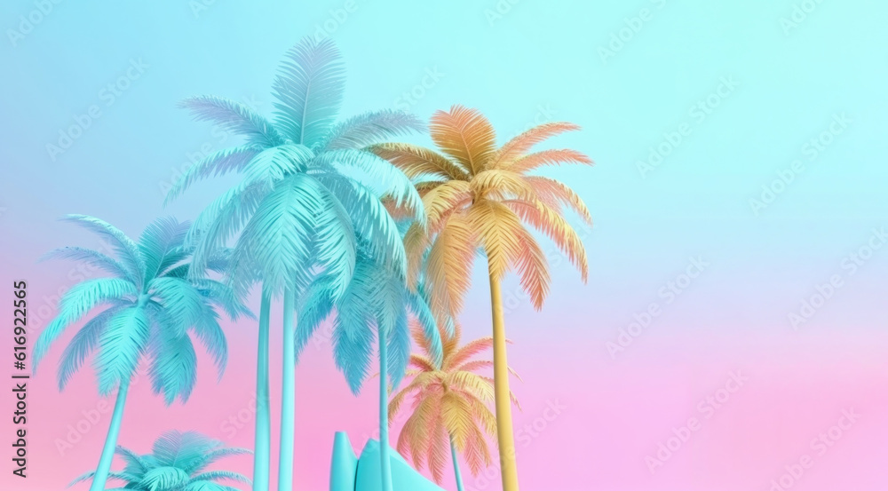 Palm trees over pastel background. Summer, tropical, exotic vacations idea. AI generative