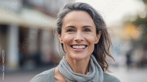 Beautiful happy woman smiling at the camera outdoors. Close-up portrait of a cheerful handsome European woman in the city. Middle aged delighted caucasian woman standing in a city.  AI Generated