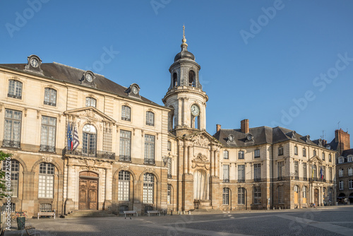 View at the Town hall with Clock tower in the streets of Rennes - France