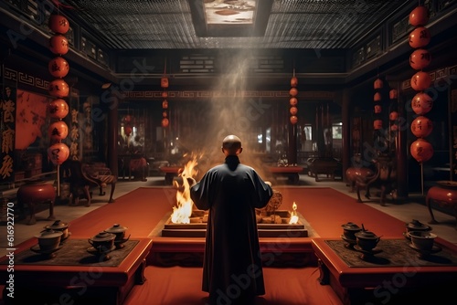 An image capturing a Taoist priest engrossed in a spiritual ritual inside a temple, emphasizing the solemnity and spirituality of Taoism. photo