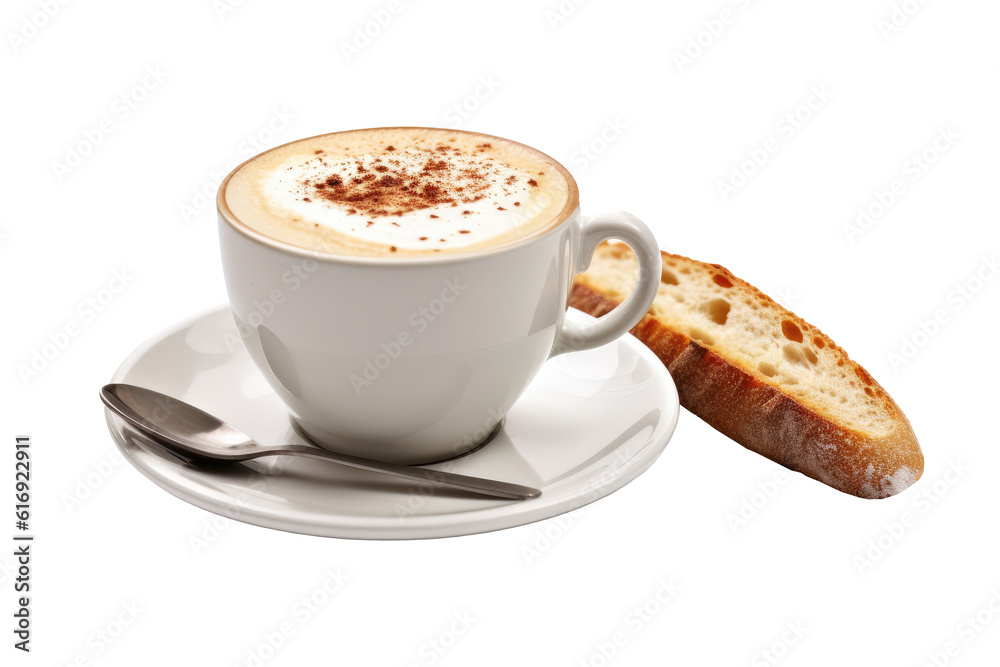Obraz premium Hot latte with baguette bread for breakfast isolated on transparent background. Generative Ai