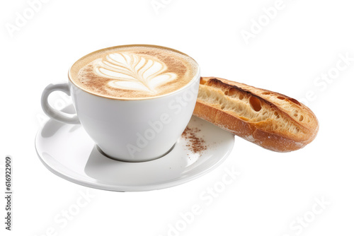 Hot latte with baguette bread for breakfast isolated on transparent background. Generative Ai