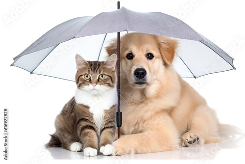 Cute cat and dog sitting under umbrella. Pet insurance, protection and wellness idea. AI generative