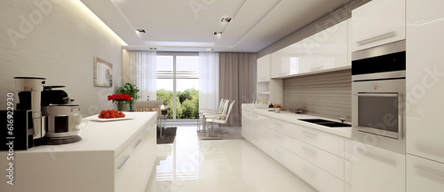 an empty modern kitchen with white cabinetry and appliances Generated by AI