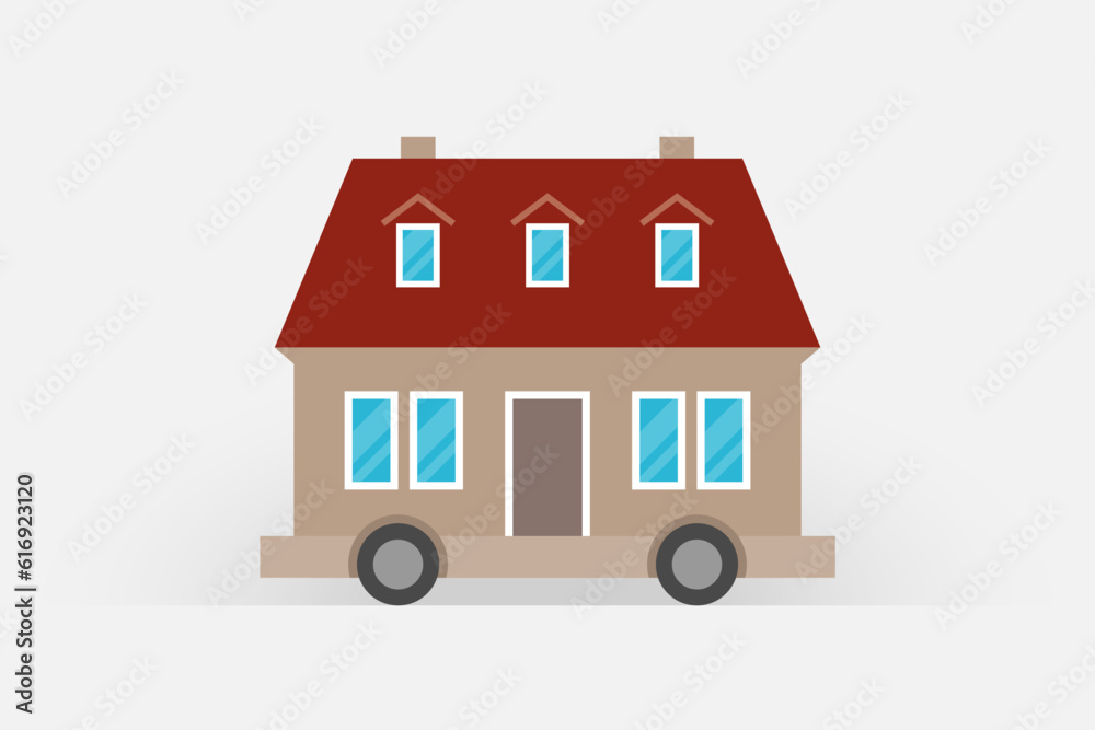 Private house on wheels. Concept of house moving and mobile home Private house on wheels. Concept of house moving and mobile home