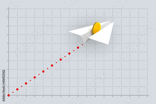White paper airplane with gold coin over business graph